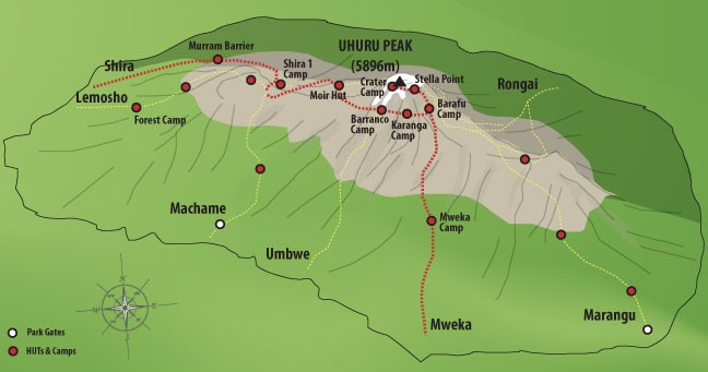 Mt Kilimanjaro Map showing climbing routes